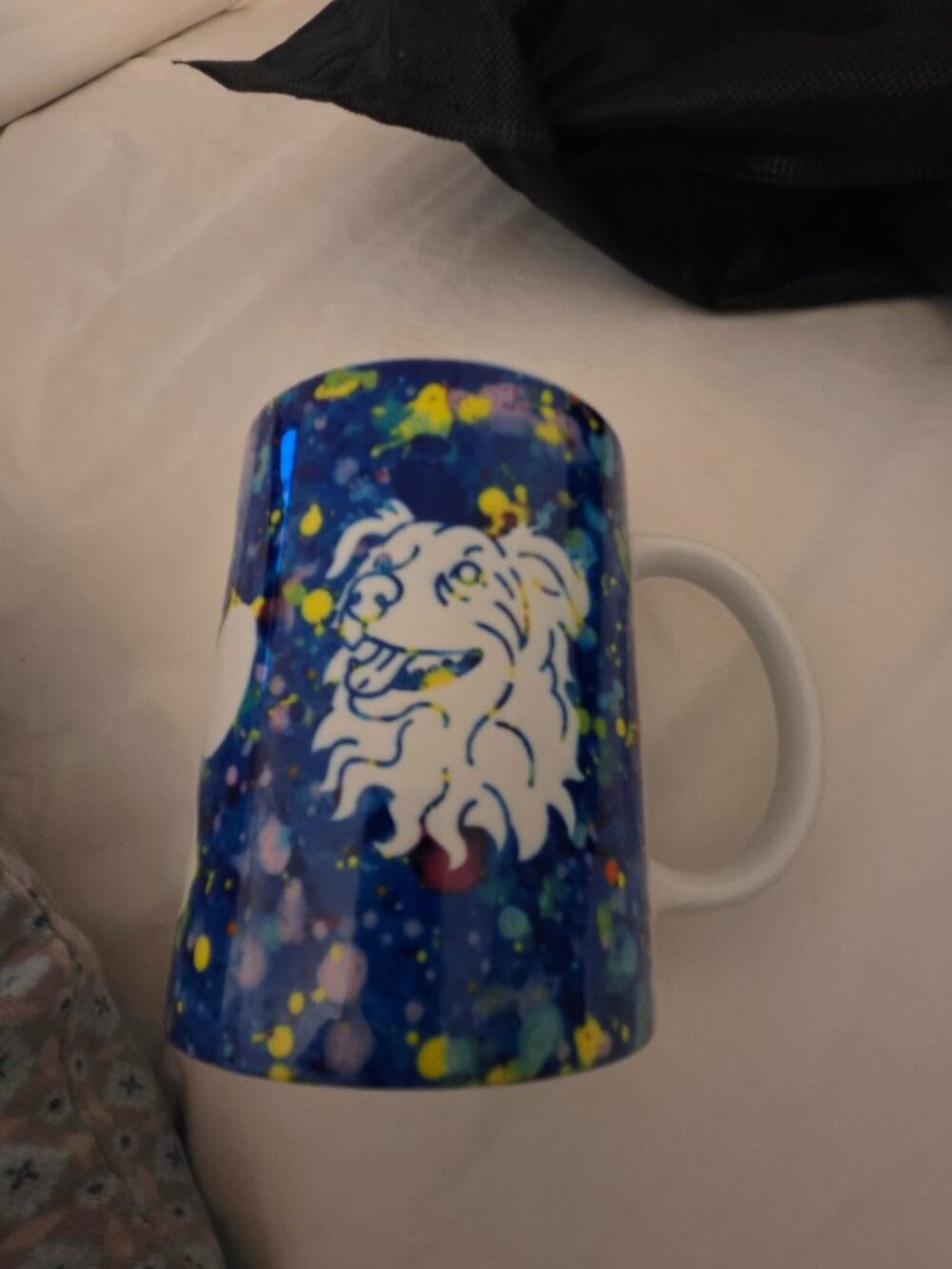 white splatter paint coffee mug with dog print best dog mom